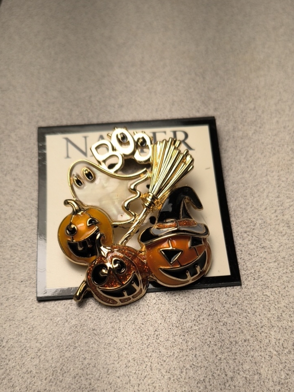 Napier Halloween Pumpkin & Ghost Brooch Pin - Orange, Black & Gold